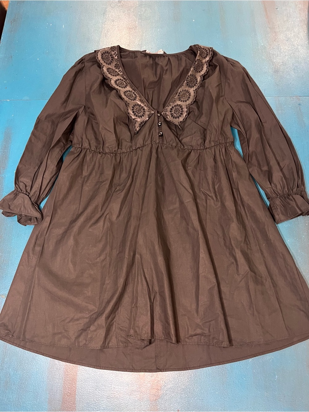 Zara Brown Long-Sleeve Lace-Trim V-Neck Dress